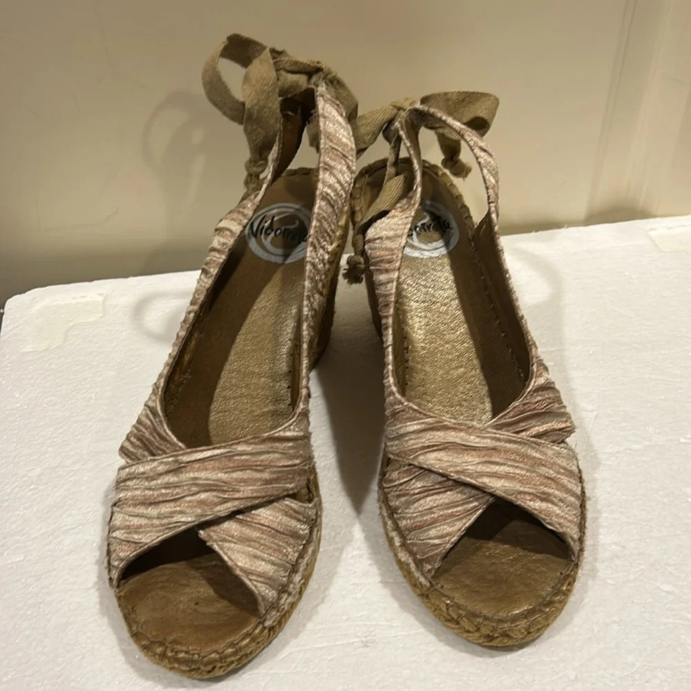 Vidorreta Espadrille Wedge Sandals open toe sling back faux tie satiny pleat 38
